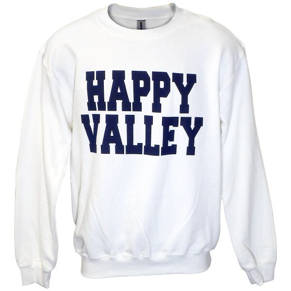white crew sweatshirt with Happy Valley